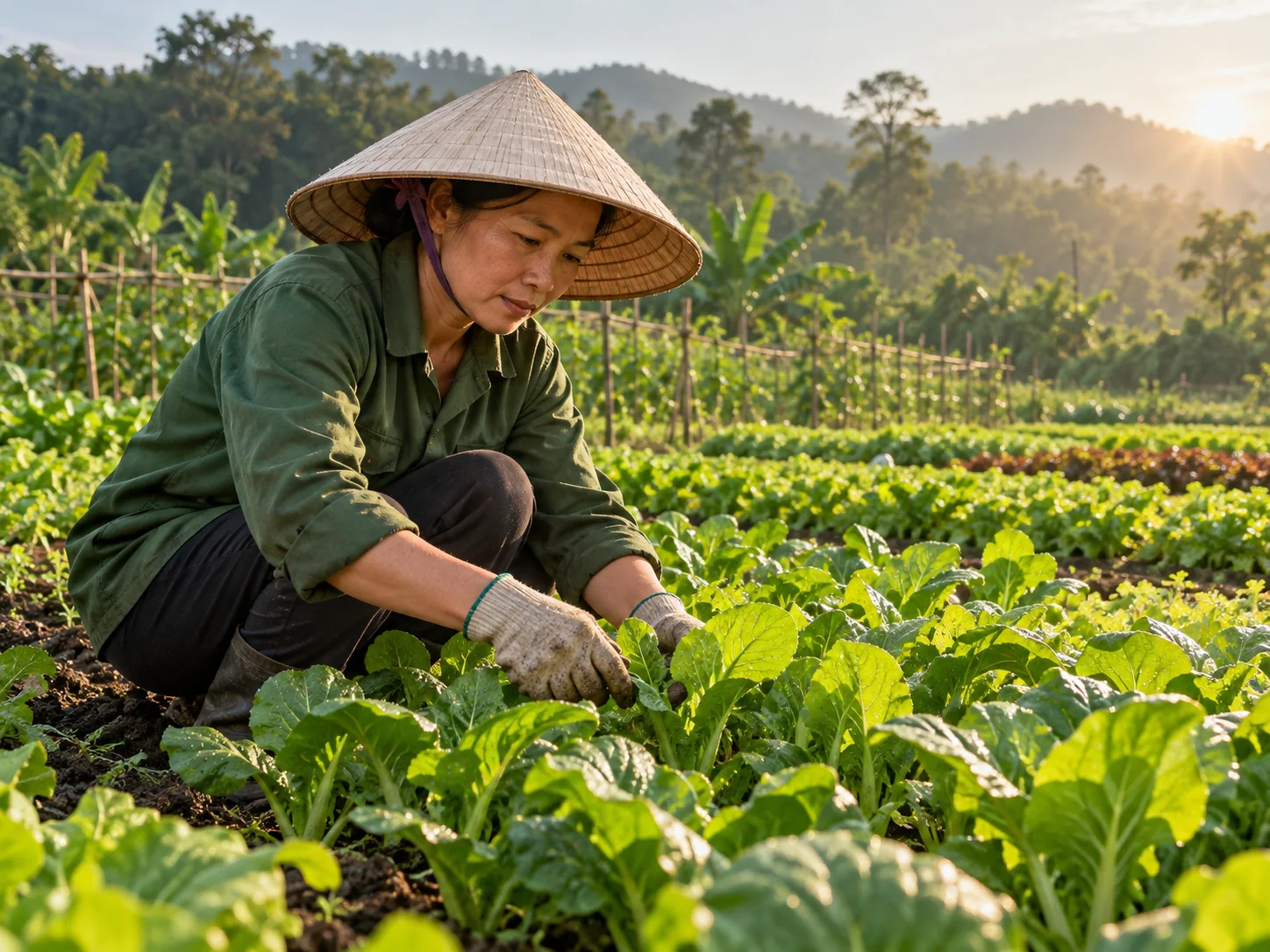 Người trồng chăm sóc rau tại ruộng — ảnh minh họa