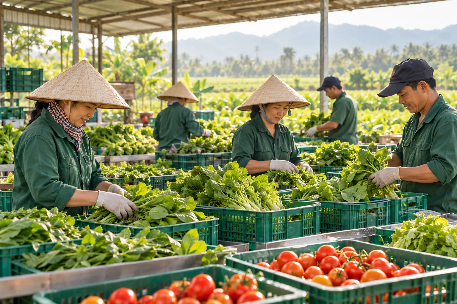 Phân loại và đóng gói rau xanh — ảnh minh họa chuỗi cung ứng